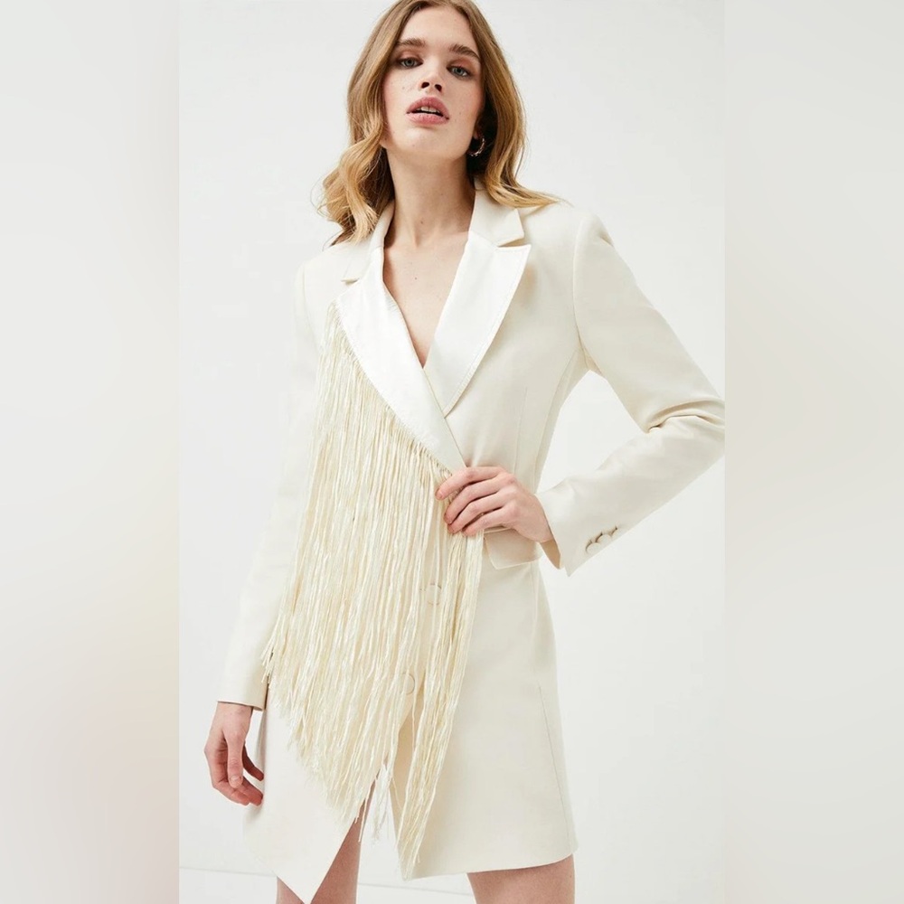 NWT - KAREN MILLEN - TAILORED FRIDGE DETAIL BLAZER DRESS IN IVORY - SIZE:12